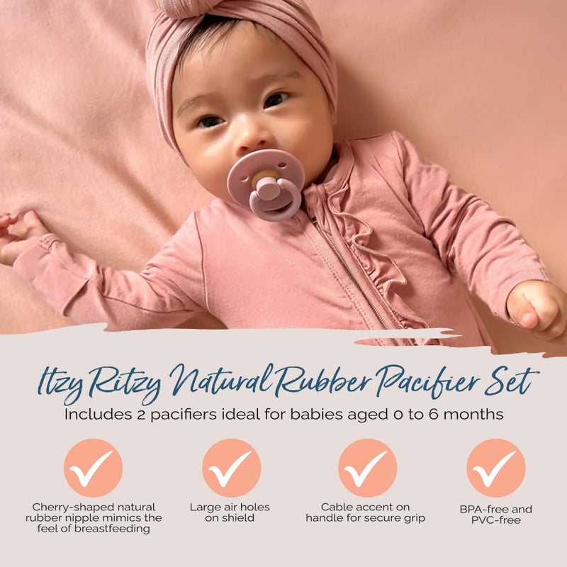 Itzy Ritzy Natural Rubber Newborn Pacifiers (Set of 2) â€“ Baby Pacifiers with Cherry-Shaped Nipple & Large Air Holes for Added Safety; Set of 2 Binkies in Blossom & Rosewood (Ages 0 â€“ 6 Months) - Image 4