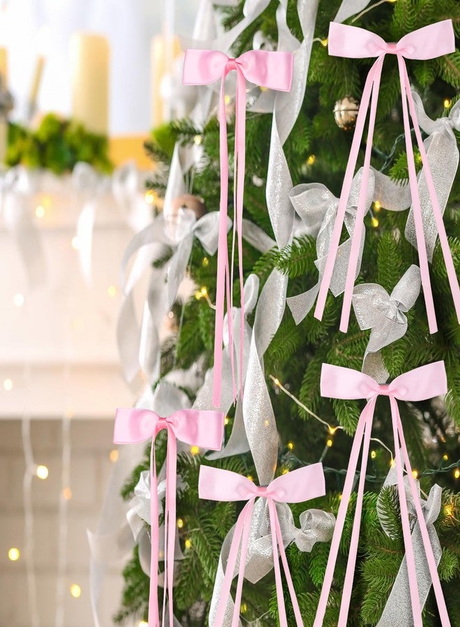 Daifunli 48 Pcs Valentine's Day Bows Pink Tree Decorations Coquette Bow Hair Clips with Tassel Ribbon Women for Valentines Gift Wrapping Bows for Tree Decoration Holiday Party Basket Ornaments - Image 4