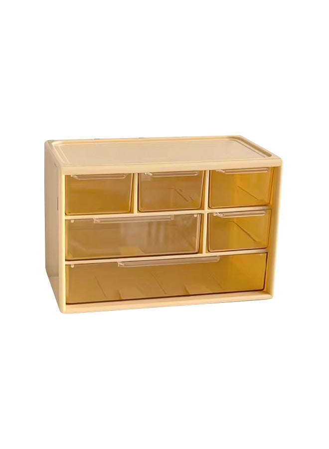 Cosmetic Storage Box Drawer Desktop Transparent Visible Storage Box with 6 Compartments for Sundries Stationery Hair Accessories Jewelry Yellow