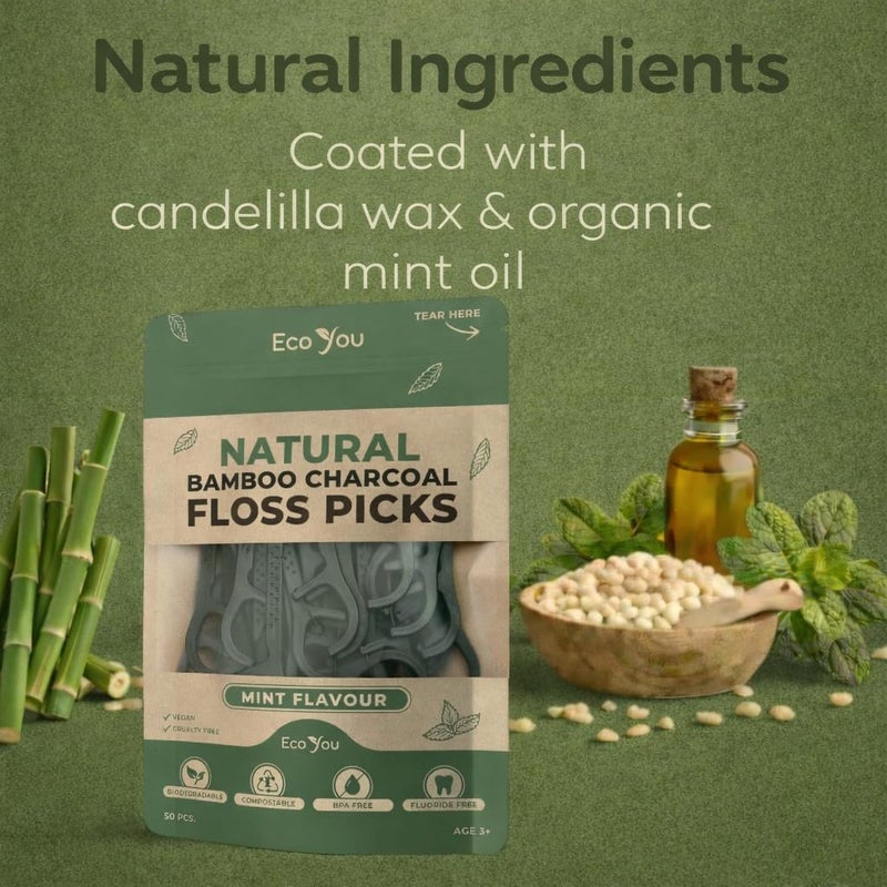 EcoYou Biodegradable Floss Picks | 100 Count (2 Pack) | Mint Flavor, Candelilla Wax | Sustainable & Reusable | Vegan & Cruelty-Free | Bamboo Floss Picks, Bamboo Toothpicks - Image 3