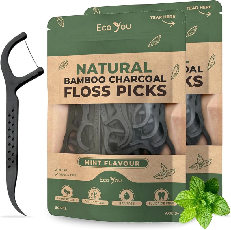 EcoYou Biodegradable Floss Picks | 100 Count (2 Pack) | Mint Flavor, Candelilla Wax | Sustainable & Reusable | Vegan & Cruelty-Free | Bamboo Floss Picks, Bamboo Toothpicks - Image 1