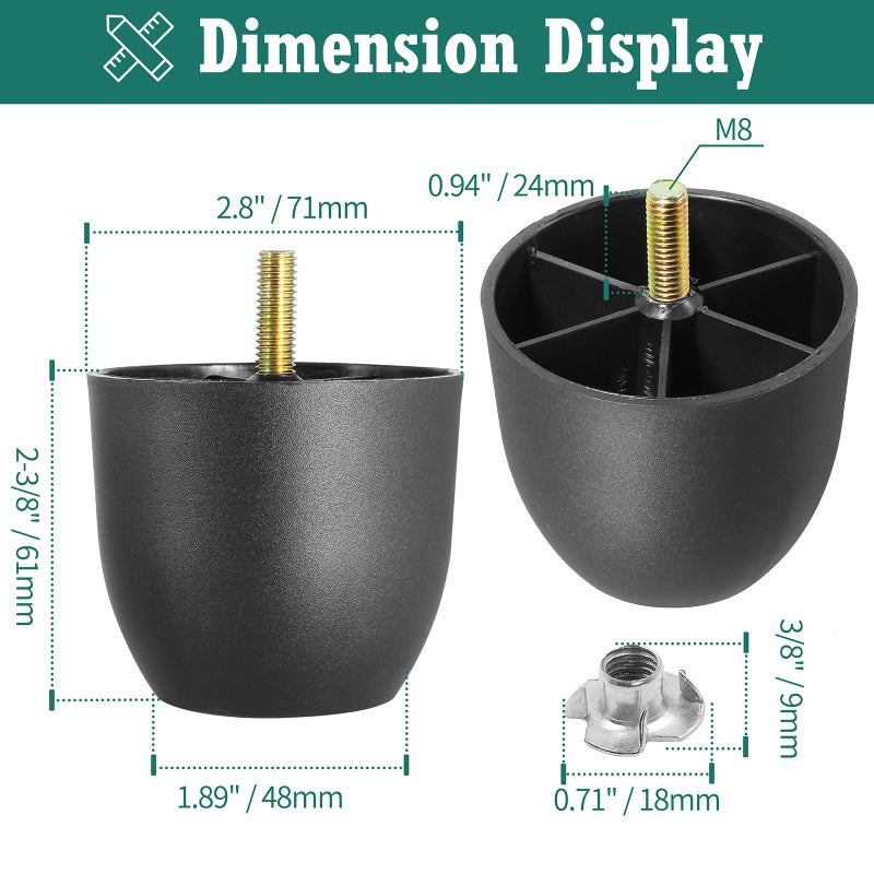 Masendelk 2.4 Inch Plastic Furniture Legs, Round Tapered Table Legs Black Sofa Legs Replacement Legs With M8 Hanger Bolts For Couch Table Sofa, Pack Of 4-72 X 60Mm - Image 3