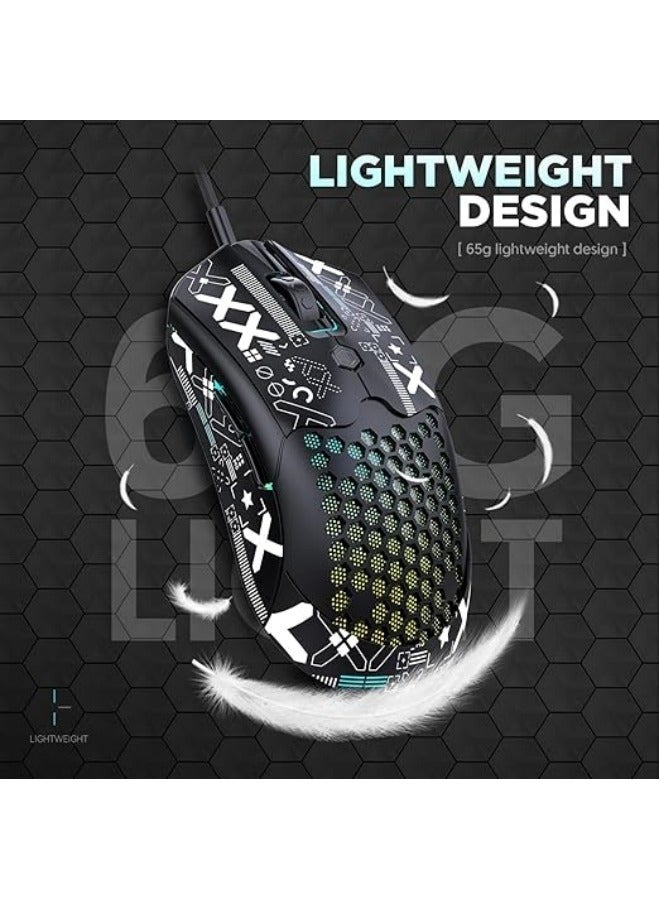 عام ماوس الألعاب الخفيف الموصول بالكابل، يأتي مع شريط قبضة مانع للانزلاق، 12000DPI Backlit Mice مع 7 أزرار قابلة للبرمجة، وهيكل Honeycomb Shell Wired Mouse مدعوم على أجهزة الكمبيوتر و Xbox و PS4. - Image 4