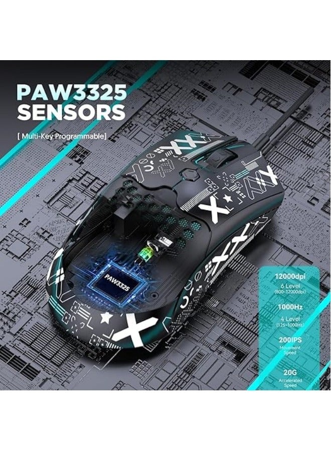 عام ماوس الألعاب الخفيف الموصول بالكابل، يأتي مع شريط قبضة مانع للانزلاق، 12000DPI Backlit Mice مع 7 أزرار قابلة للبرمجة، وهيكل Honeycomb Shell Wired Mouse مدعوم على أجهزة الكمبيوتر و Xbox و PS4. - Image 5