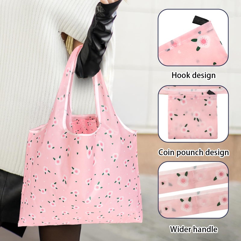 GAUENEEN 4 Pcs Reusable Grocery Bags, Foldable Shopping Bags Heavy Duty, Large Nano Bag Cute Tote Bag for Daily Shopping, Waterproof and Machine Washable (Flowers) - Image 2