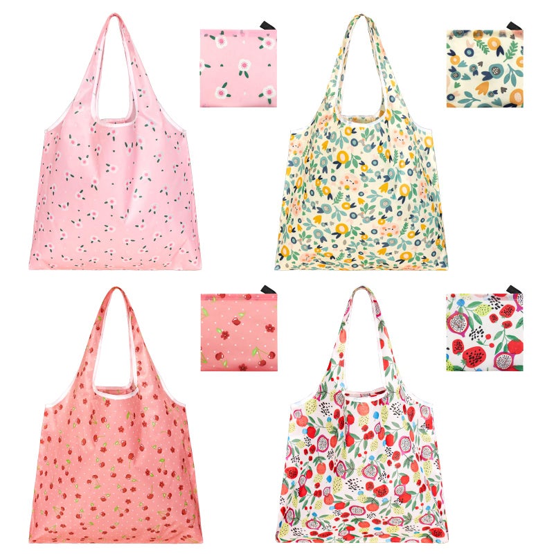 GAUENEEN 4 Pcs Reusable Grocery Bags, Foldable Shopping Bags Heavy Duty, Large Nano Bag Cute Tote Bag for Daily Shopping, Waterproof and Machine Washable (Flowers) - Image 1