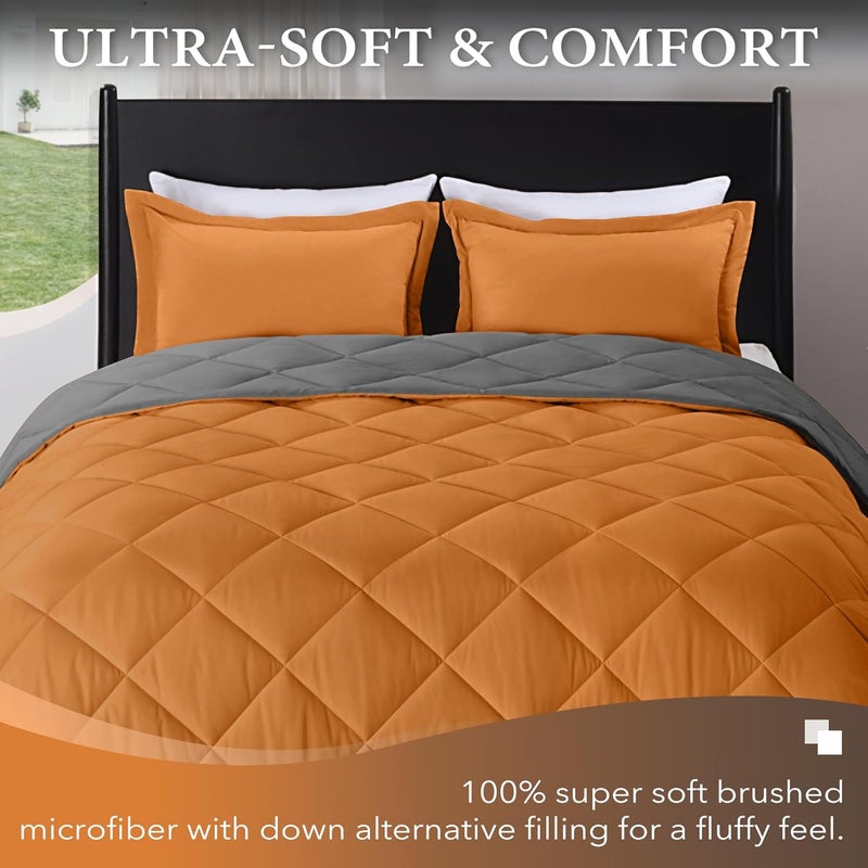 downluxe Queen Comforter Set - Burnt Orange and Grey Queen Comforter, Soft Bedding Sets for All Seasons -3 Pieces - 1 Comforter (88"x92") and 2 Pillow Shams(20"x26") - Image 2