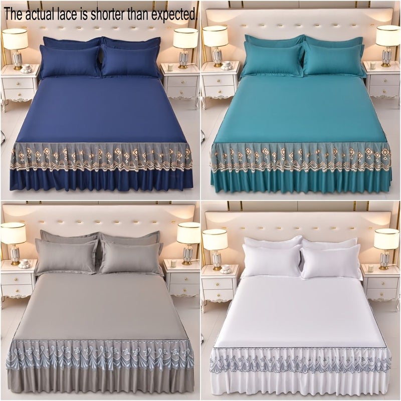 3pcs Tassel Lace Bed Skirt Set Grey 60 24 By 79 92 Inches Bed Skirt And 2 Pillowcases High End Luxurious Solid Color All Season Non Slip Mattress Protector Skin Friendly Soft Comfortable Bedding - Image 1