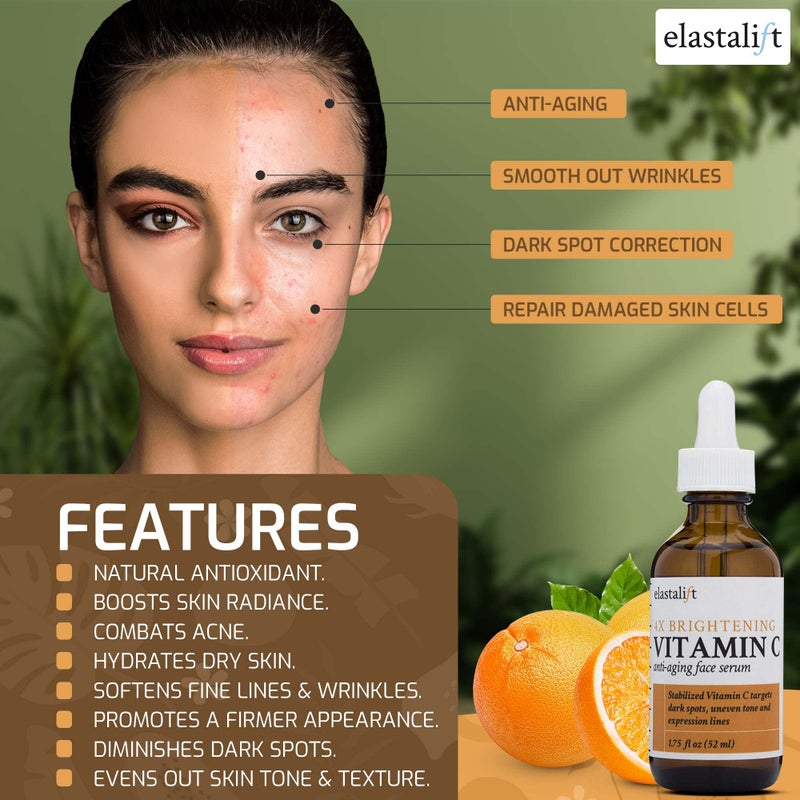 Elastalift Vitamin C Facial Serum For Age Spots, Wrinkles, & Expression Lines. Anti-Aging Face Serum W/Vitamin C & Hyaluronic Acid Brightens Skin To Promote Healthier Skin Complexion, 1.75 Fl Oz - Image 3