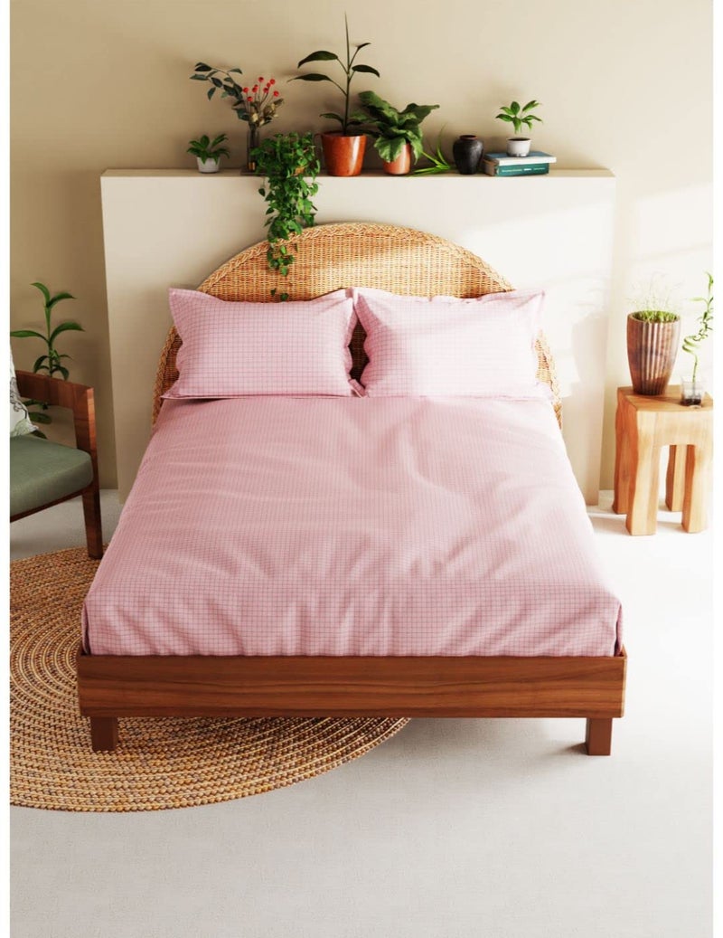 BIANCA Extra Soft 100% Satin Egyptian Cotton XL King Size Bedsheet with 2 Pillow Covers -3pc Set (Botanical) | 100% Extra Soft Satin Egyptian Cotton Designer | Checks-Peach - Image 1