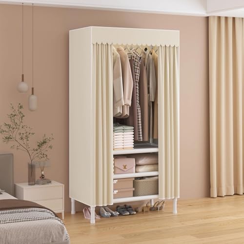 WEALTHYHEART Portable Closets for Hanging Clothes,Clothes Rack with Cover,Portable Wardrobe Closet with 1 Hanging Rods, 2 Storage Shelves,27.5" L x 17.7" W x 67.7" H,Pale Yellow - Image 2
