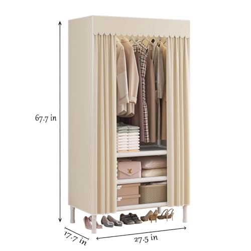 WEALTHYHEART Portable Closets for Hanging Clothes,Clothes Rack with Cover,Portable Wardrobe Closet with 1 Hanging Rods, 2 Storage Shelves,27.5" L x 17.7" W x 67.7" H,Pale Yellow - Image 3