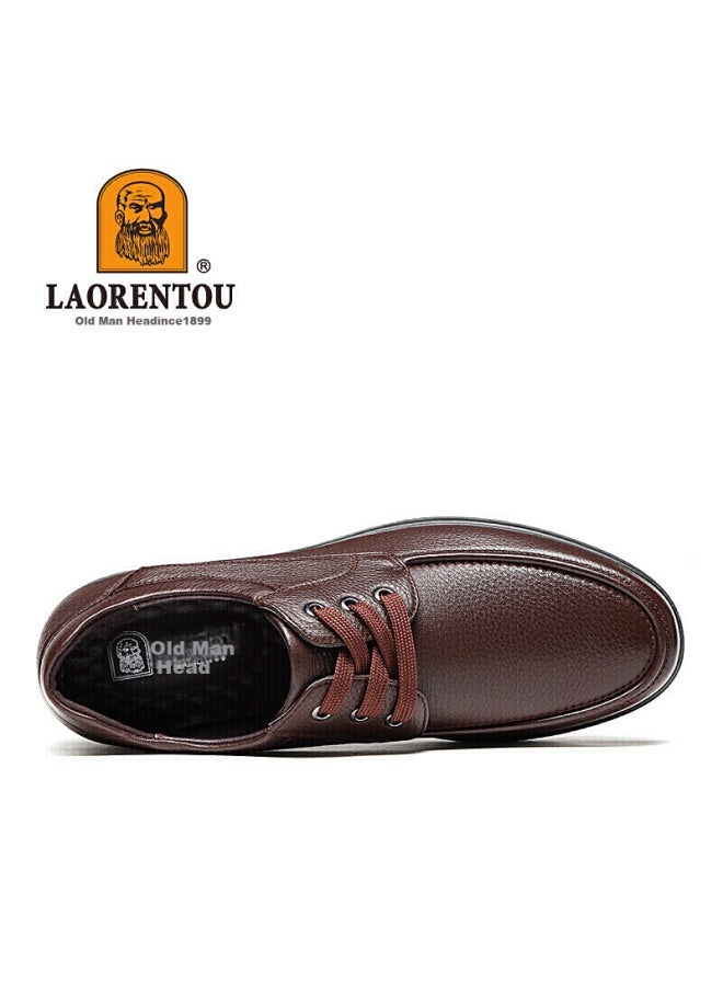Laorentou Leather Shoes For Men, Top-grain Cowhide, Business Casual Shoes, Lace-up, Wear-resistant, Non-slip, Dad Shoes, Loafers, 510200819, Brown, Size 38