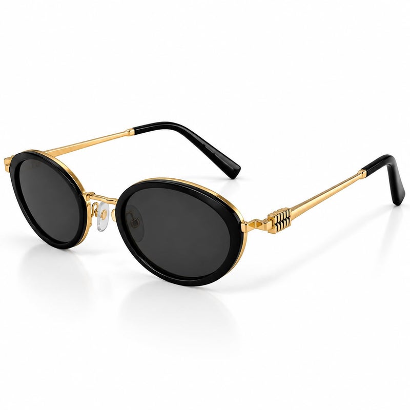 Oval Sunglasses for Men and Women, Black Frame, Gold Details - Image 2