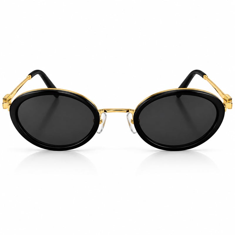 Oval Sunglasses for Men and Women, Black Frame, Gold Details - Image 1