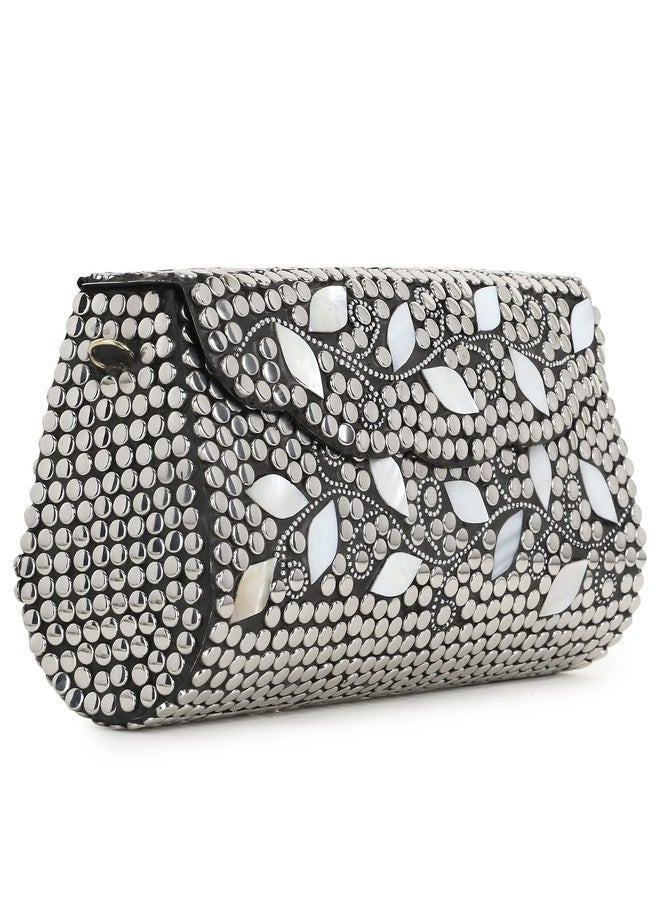 Anekaant Mosaic Silver & White Metal Botanical Mosaic Clutch - Image 2