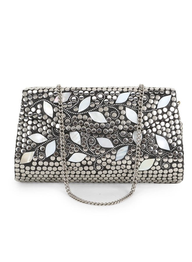 Anekaant Mosaic Silver & White Metal Botanical Mosaic Clutch - Image 1