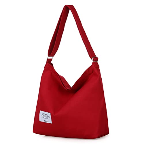 Covelin Women's Retro Large Size Canvas Shoulder Bag Hobo Crossbody Handbag Casual Tote Dark Red - Image 1