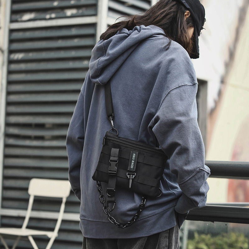 Men's Street Style Crossbody Bag with Chain - Black, Waterproof Oxford - Image 5