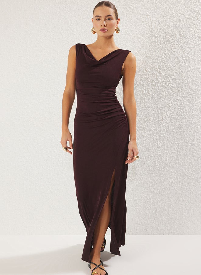 trendyol Premium Brown Degaje Neckline Zero Sleeve Lined Maxi Knitted Dress - Image 2