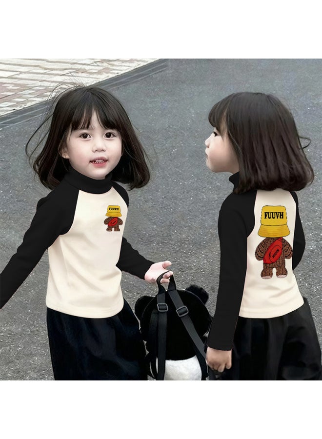 Girls' Thermal Base Layer Top Autumn And Winternew Style For Older Children, Half Turtleneck, Warm Inner Layer, Color-blocking Long Sleeves