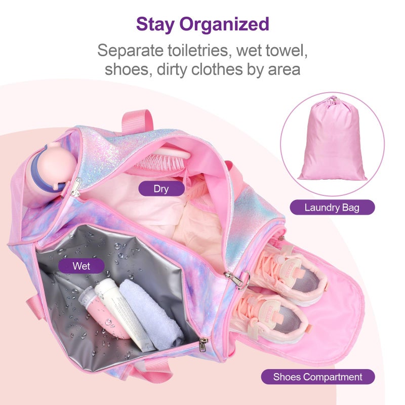 Bagseri Dance Bag for Girls - Kids Duffle with Shoe Compartment, Gymnastics Tote for Sleepover Travel with Water Resistant Wet Pocket (Tie-dye,Pink) - Image 3