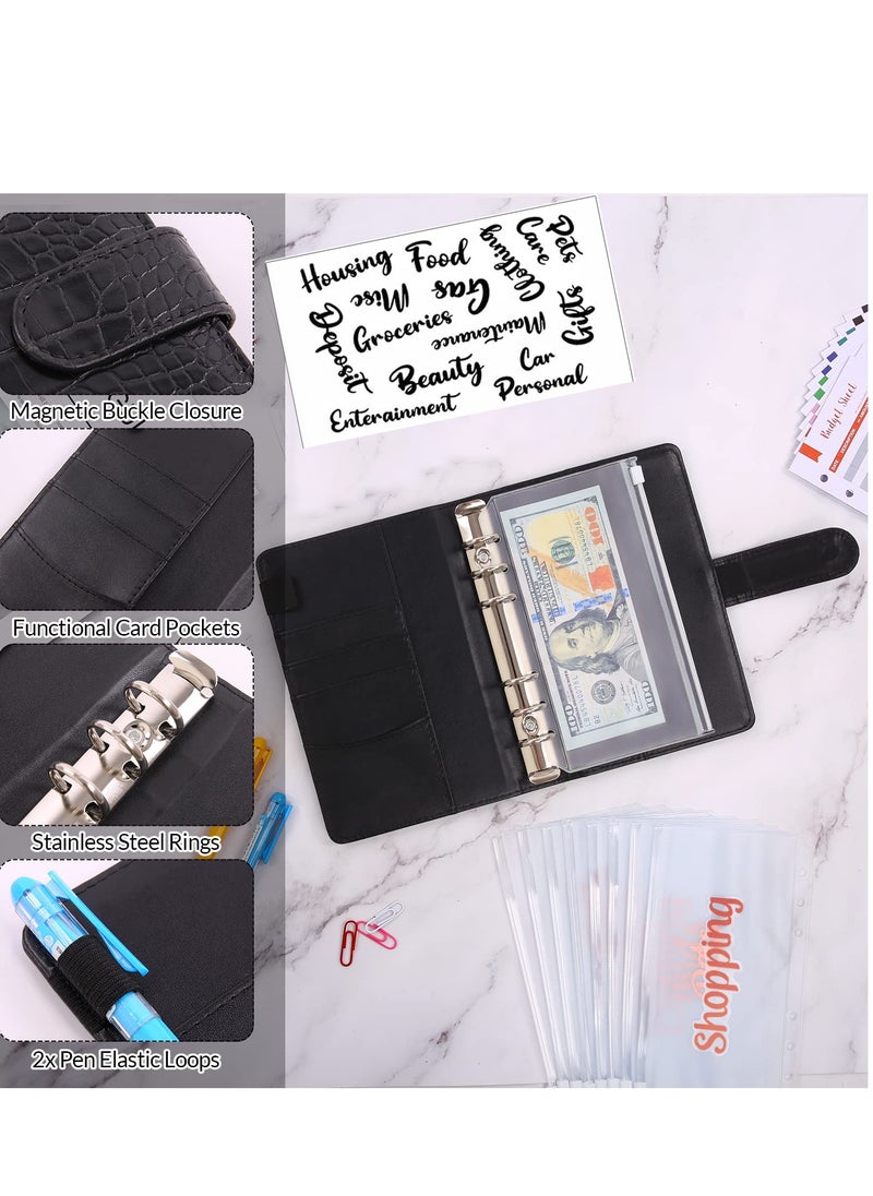 SYOSI Budget Binder with 8pcs Cash Envelopes for Budgeting, Crocodile Pattern A6 Binder with 2Pcs Label Stickers and 12Pcs Expense Trackers Money Organizer for Cash for Saving Binder(Black)  - Image 3