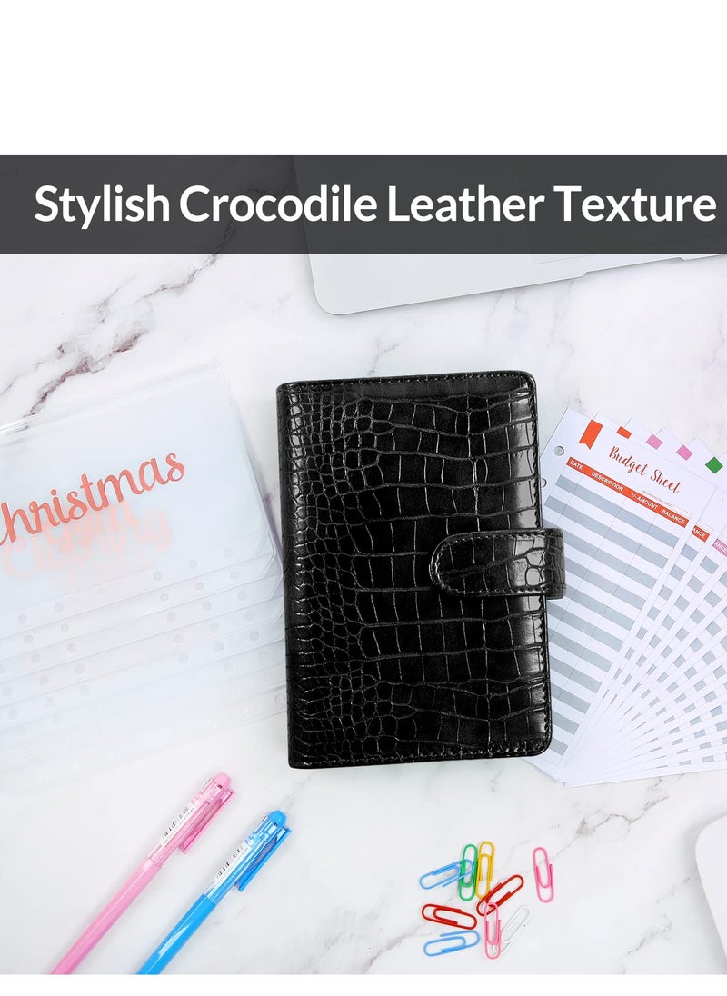 SYOSI Budget Binder with 8pcs Cash Envelopes for Budgeting, Crocodile Pattern A6 Binder with 2Pcs Label Stickers and 12Pcs Expense Trackers Money Organizer for Cash for Saving Binder(Black)  - Image 2