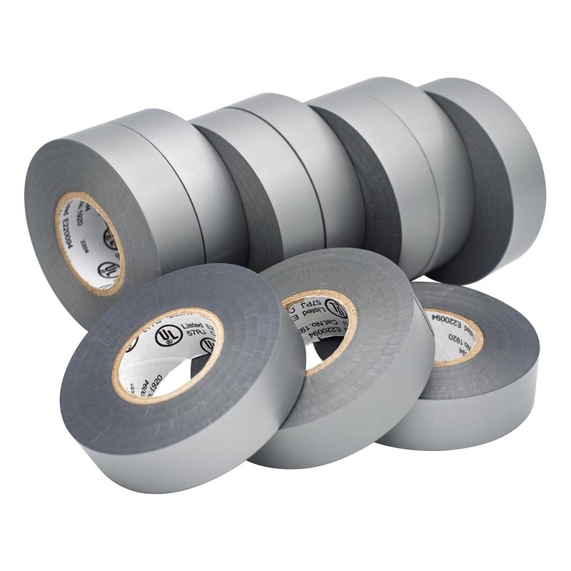 TradeGear Electrical Tape (10PK) Gray Matte – Waterproof, Flame Retardant, Strong Rubber Based Adhesive, UL Listed – Rated for Max. 600V and 80oC Use – Measures 60’ x 3/4" x 0.07" - Image 1