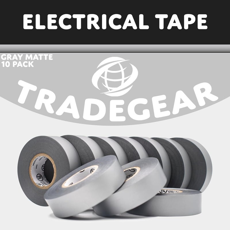 TradeGear Electrical Tape (10PK) Gray Matte – Waterproof, Flame Retardant, Strong Rubber Based Adhesive, UL Listed – Rated for Max. 600V and 80oC Use – Measures 60’ x 3/4" x 0.07" - Image 2