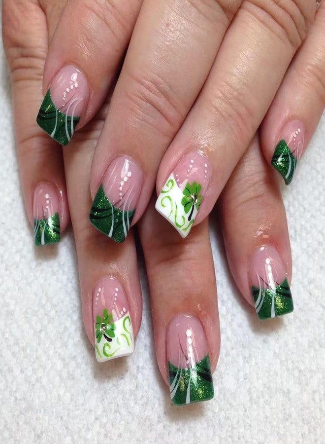 FDSQHSA 24 Pcs St. Patrick's DayPress on Nails Short Square French Tip Fake Nails with Glitter Designs Shamrock False Nails Stick on Nails Full Cover Saint Patrick's Day Acrylic Nails for Women Girls - Image 1