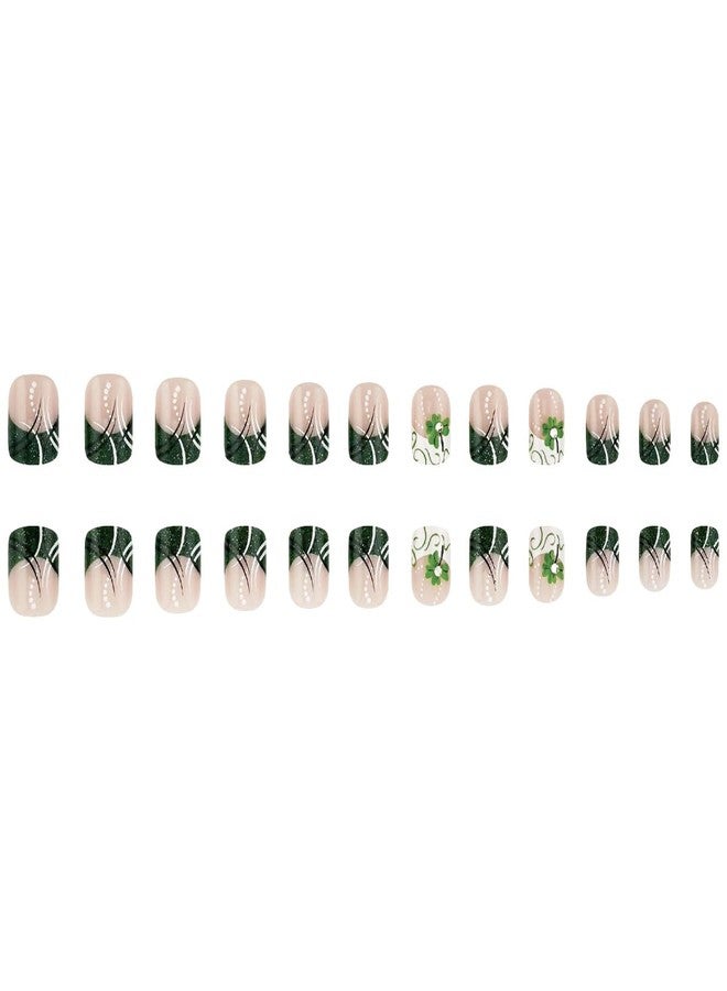 FDSQHSA 24 Pcs St. Patrick's DayPress on Nails Short Square French Tip Fake Nails with Glitter Designs Shamrock False Nails Stick on Nails Full Cover Saint Patrick's Day Acrylic Nails for Women Girls - Image 5