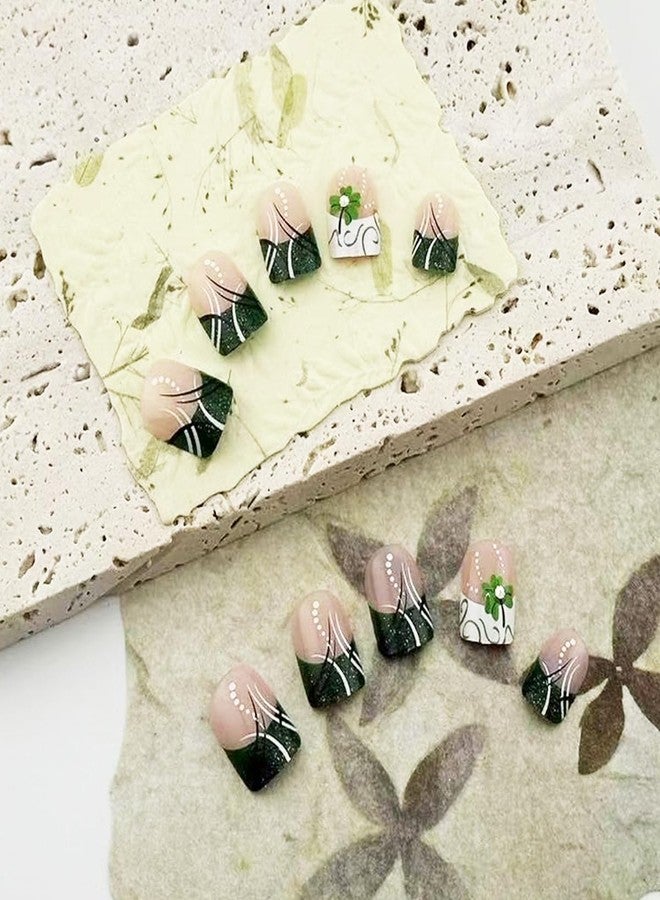 FDSQHSA 24 Pcs St. Patrick's DayPress on Nails Short Square French Tip Fake Nails with Glitter Designs Shamrock False Nails Stick on Nails Full Cover Saint Patrick's Day Acrylic Nails for Women Girls - Image 2