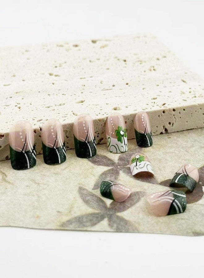 FDSQHSA 24 Pcs St. Patrick's DayPress on Nails Short Square French Tip Fake Nails with Glitter Designs Shamrock False Nails Stick on Nails Full Cover Saint Patrick's Day Acrylic Nails for Women Girls - Image 3