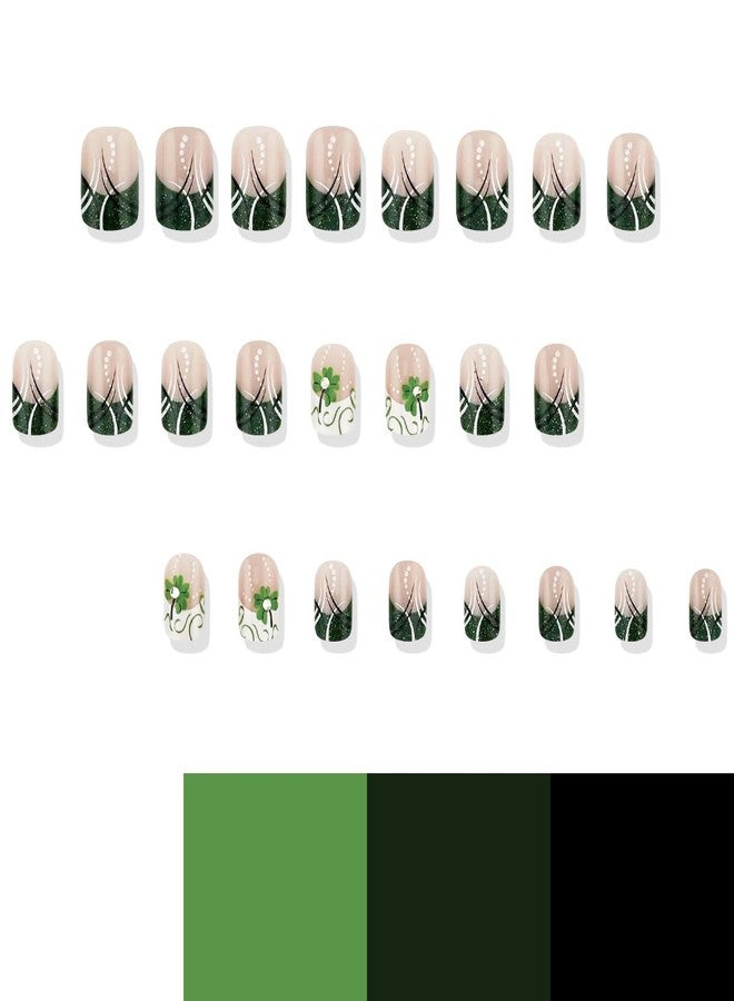 FDSQHSA 24 Pcs St. Patrick's DayPress on Nails Short Square French Tip Fake Nails with Glitter Designs Shamrock False Nails Stick on Nails Full Cover Saint Patrick's Day Acrylic Nails for Women Girls - Image 4