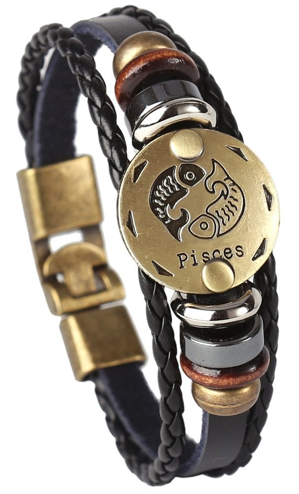Hamoery Punk Alloy Leather Bracelet For Men Constellation Braided Rope Bracelet Bangle Wristband(Pisces) - Image 1