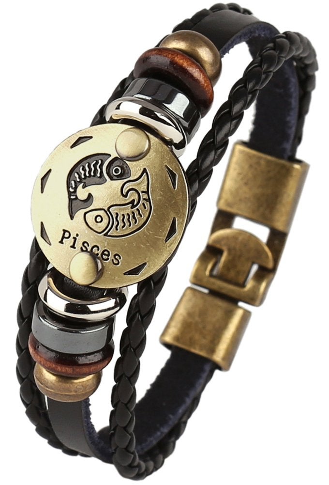 Hamoery Punk Alloy Leather Bracelet For Men Constellation Braided Rope Bracelet Bangle Wristband(Pisces) - Image 3