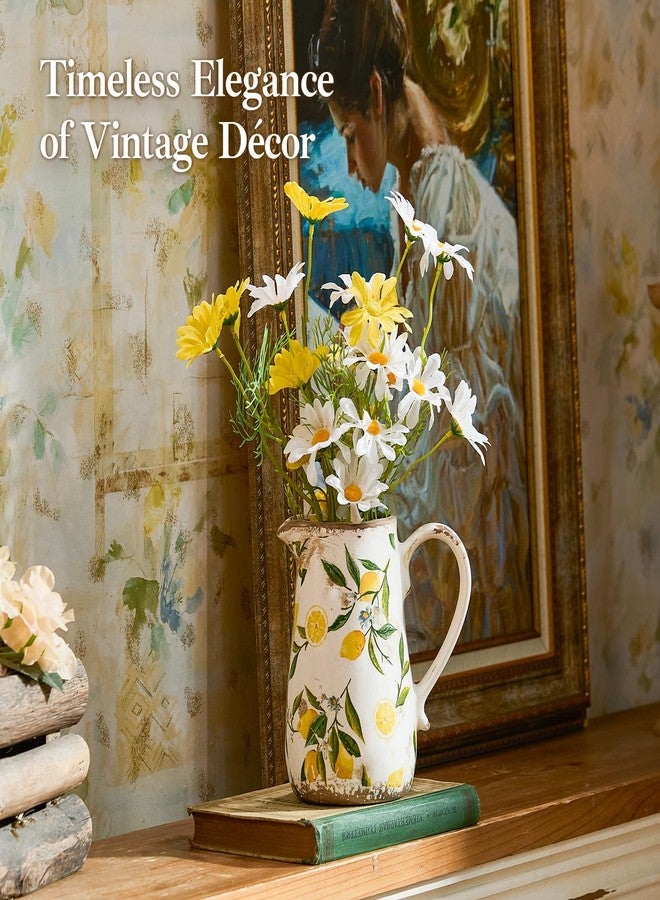 Teweiqi Floral Ceramic Pitcher Vase with Handle, French Farmhouse Rustic Style Home Decoration Lemon Pattern vase, Centerpiece Table Decoration Wedding Gift, Gift for Mother, Height 7'' (Lemon) - Image 3