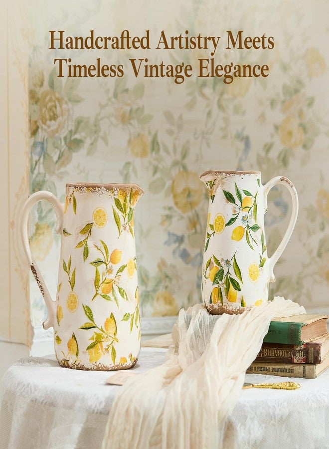 Teweiqi Floral Ceramic Pitcher Vase with Handle, French Farmhouse Rustic Style Home Decoration Lemon Pattern vase, Centerpiece Table Decoration Wedding Gift, Gift for Mother, Height 7'' (Lemon) - Image 5