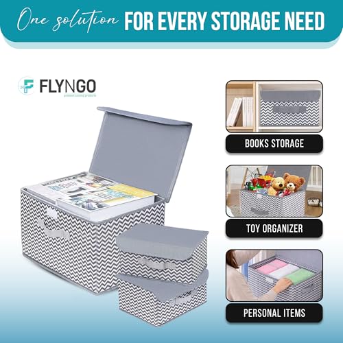 FLYNGO 3 Pcs Foldable Storage Box Organiser with Lid, Versatile Storage Basket Bins for Wardrobe, Clothes, Toys, Books, and Other Supplies (1 Large + 2 Small) - Image 5