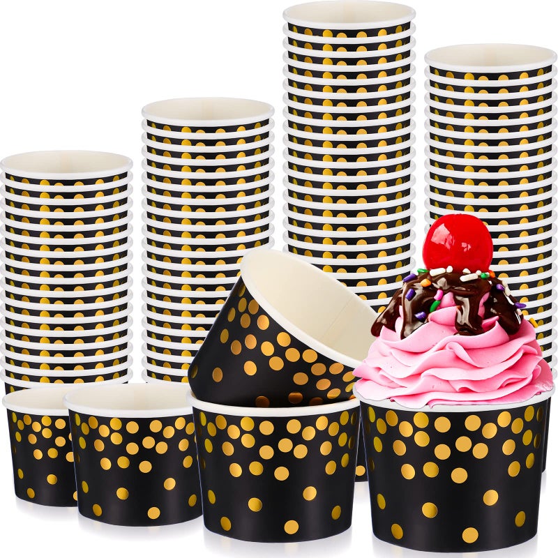 CHENGU 100 Pieces Black and Gold Ice Cream Cups 8 Oz Treat Snack Paper Bowls Disposable Dessert Bowls for Hot or Cold Food Disposable Cup for Black and Gold Party Christmas Birthday Supplies