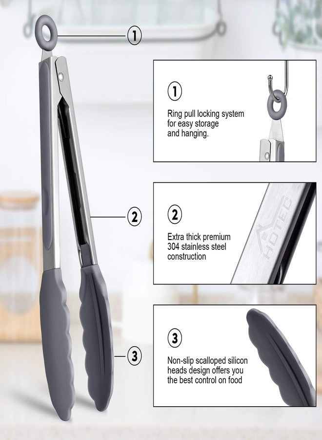 HOTEC Premium Stainless Steel Locking Kitchen Tongs with Silicon Tips, Set of 2-9" and 12" Light Grey - Image 4