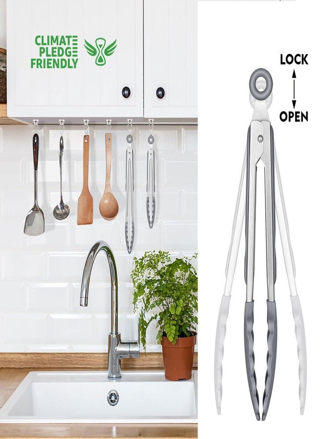 HOTEC Premium Stainless Steel Locking Kitchen Tongs with Silicon Tips, Set of 2-9" and 12" Light Grey - Image 5