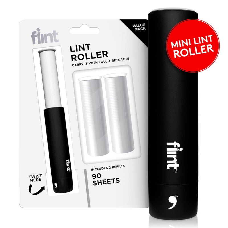 Flint Classic Black Retractable Mini Lint Roller with 90 Extra Sticky Sheets Small and Portable Lint Roller Ideal Pet Hair Remover Travel Lint Rollers for pet Hair Extra Sticky