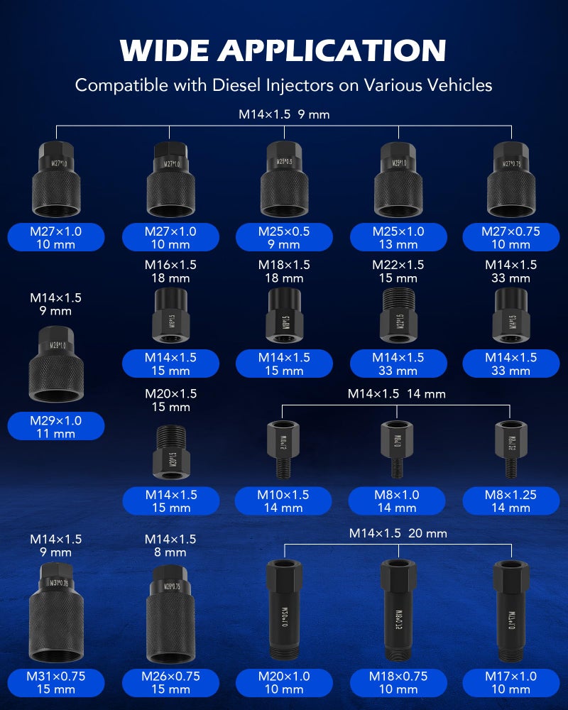 Orion Motor Tech مجموعة أدوات سحب حقن الهواء من أوريون موتور تكنولوجي لمحركات الديزل، 23 قطعة 5-8 بار مع مطرقة مستخرج، 19 محول، خرطوم تمديد، وموصلات EU و US - Image 4