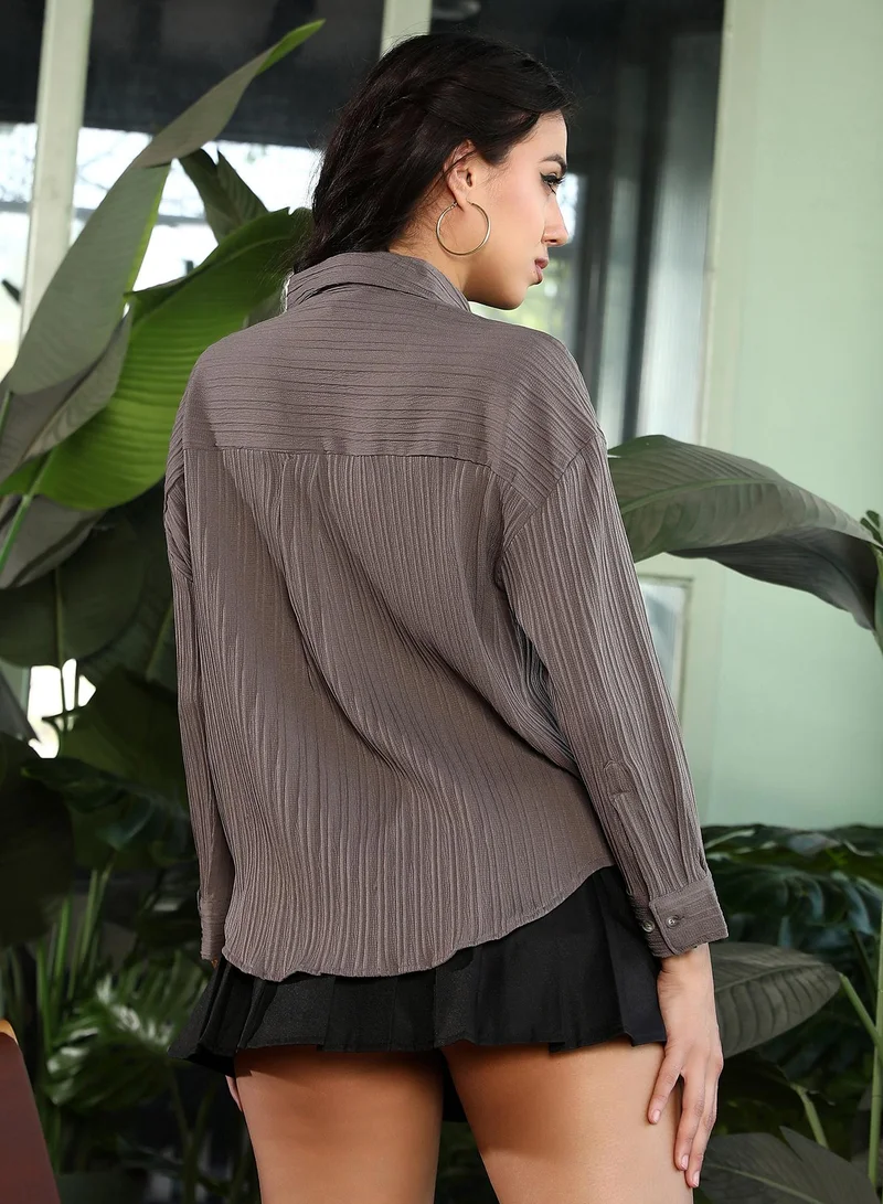 Pinacolada  Women's Moon Grey Pin-Tactile Oversized Shirt | نساء | أكمام طويلة | سادة | طوق منتشر | كاجوال كبير الحجم | قميص for Women | Best Price UAE