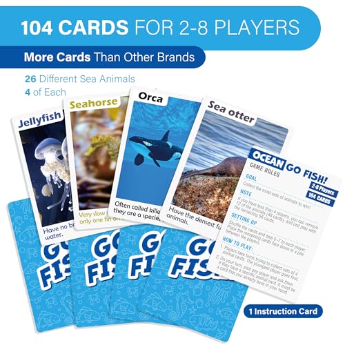 BenBen Go Fish Card Game for Kids 104 Cards Ocean Theme Memory Matching Game Sea Animals Learning Playing Cards Picture Cards with Real Photos Fun Facts 28 Players - Image 5
