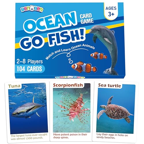 BenBen Go Fish Card Game for Kids 104 Cards Ocean Theme Memory Matching Game Sea Animals Learning Playing Cards Picture Cards with Real Photos Fun Facts 28 Players - Image 1