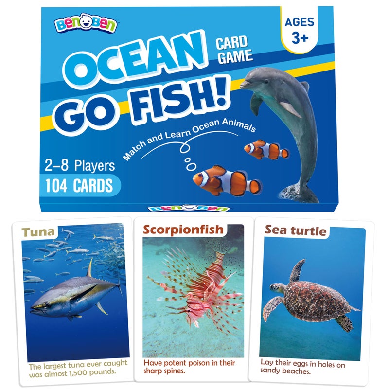 BenBen Go Fish Card Game for Kids 104 Cards Ocean Theme Memory Matching Game Sea Animals Learning Playing Cards Picture Cards with Real Photos Fun Facts 28 Players - Image 3