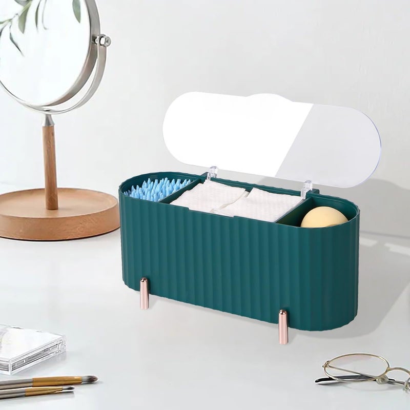 Soko 3 Grids Cotton Swab Storage Dispenser Qtip Holder With Lid Makeup Pad Holder Cotton PadEarbud Holder for Bathroom Canister Organisation Vanity Cosmetic and Makeup Organizer Box Green - Image 1